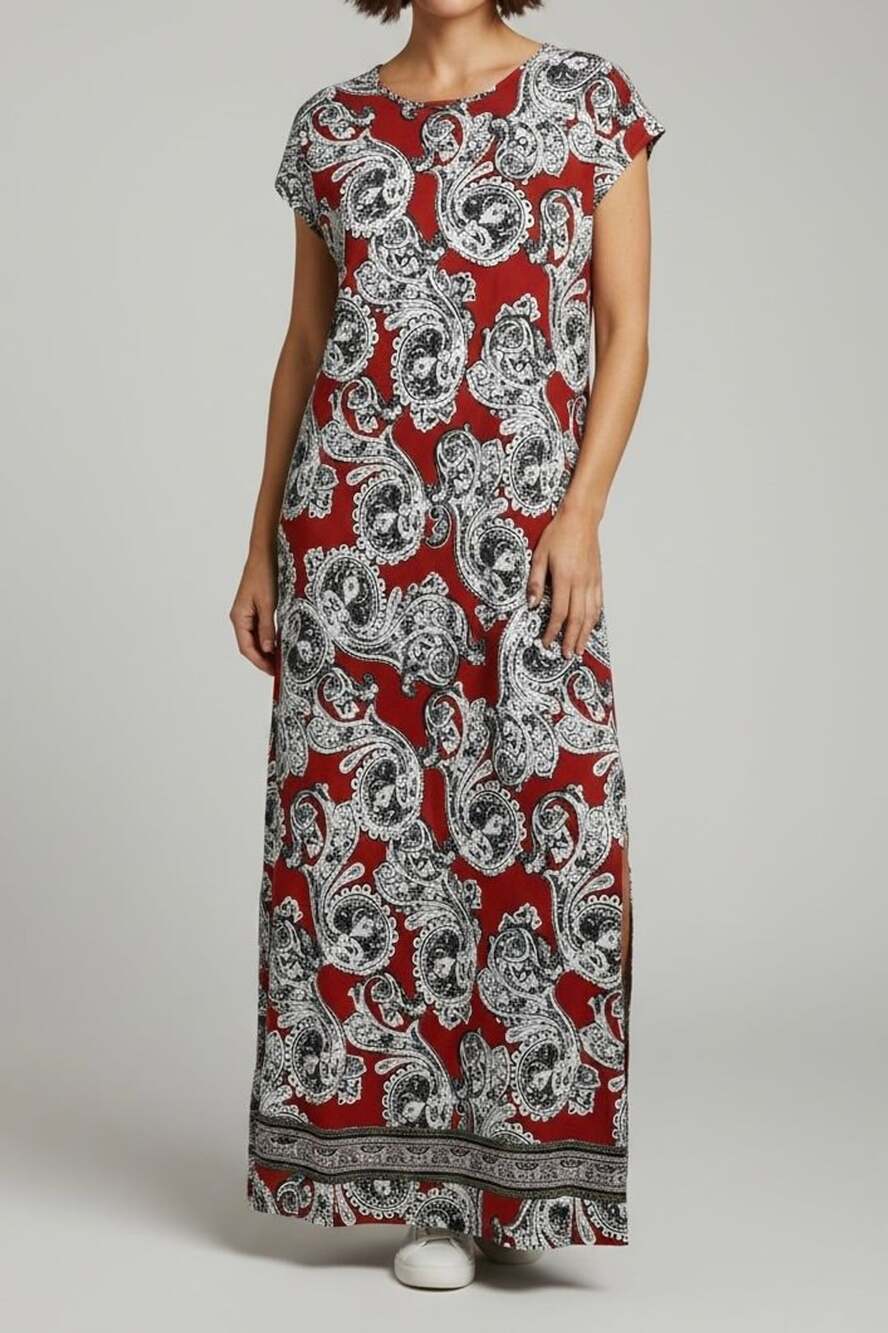 Cato Red and White Paisley Print Side Slit Maxi Dress Size Petite XL